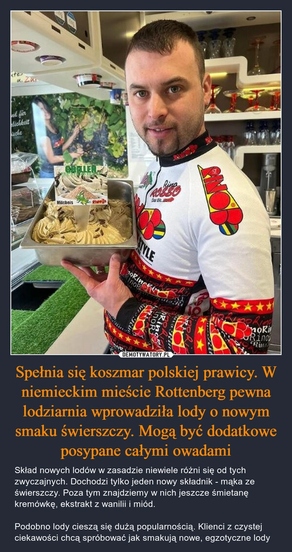 
    Spełnia się koszmar polskiej prawicy. W niemieckim mieście Rottenberg pewna lodziarnia wprowadziła lody o nowym smaku świerszczy. Mogą być dodatkowe posypane całymi owadami