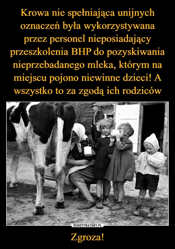 
    Krowa nie spełniająca unijnych oznaczeń była wykorzystywana przez personel nieposiadający przeszkolenia BHP do pozyskiwania nieprzebadanego mleka, którym na miejscu pojono niewinne dzieci! A wszystko to za zgodą ich rodziców Zgroza! 