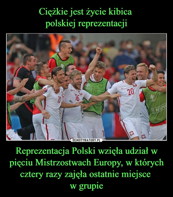 
    Ciężkie jest życie kibica 
polskiej reprezentacji Reprezentacja Polski wzięła udział w pięciu Mistrzostwach Europy, w których cztery razy zajęła ostatnie miejsce 
w grupie