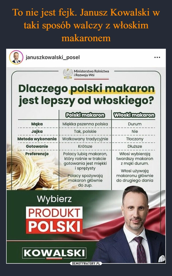 
    To nie jest fejk. Janusz Kowalski w taki sposób walczy z włoskim makaronem