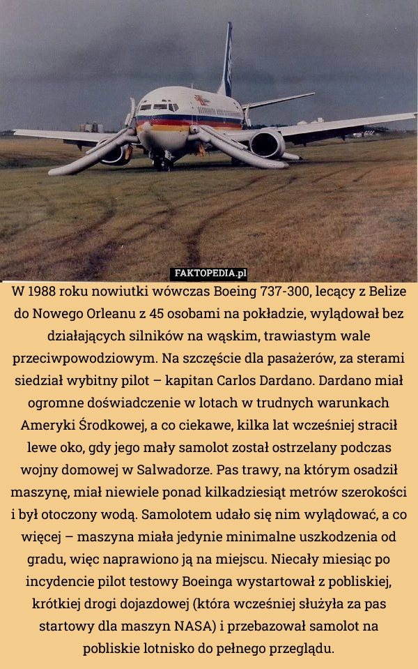 
    W 1988 roku nowiutki wówczas Boeing 737-300, lecący z Belize do Nowego Orleanu