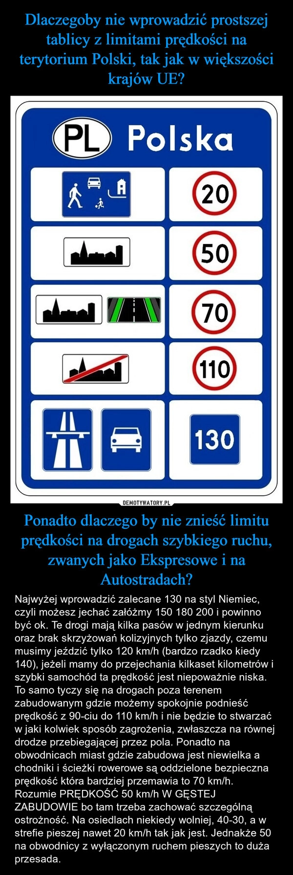 
    Dlaczegoby nie wprowadzić prostszej tablicy z limitami prędkości na terytorium Polski, tak jak w większości krajów UE? Ponadto dlaczego by nie znieść limitu prędkości na drogach szybkiego ruchu, zwanych jako Ekspresowe i na Autostradach?