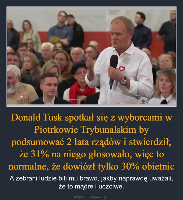 
    Donald Tusk spotkał się z wyborcami w Piotrkowie Trybunalskim by podsumować 2 lata rządów i stwierdził, że 31% na niego głosowało, więc to normalne, że dowiózł tylko 30% obietnic
