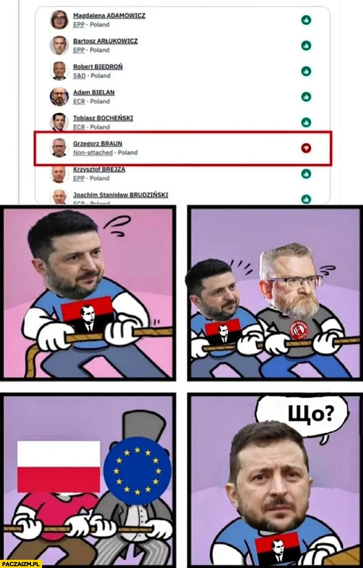 
    Braun głosuje przeciąga linę razem z Zełenskim zdziwienie