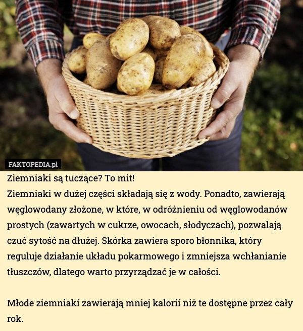 
    Ziemniaki są tuczące? To mit!
Ziemniaki w dużej części składają się z wody.