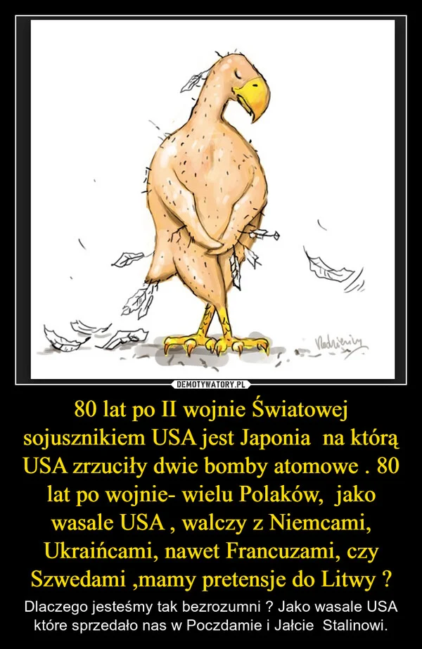
    80 lat po II wojnie Światowej sojusznikiem USA jest Japonia na którą USA zrzuciły dwie bomby atomowe . 80 lat po wojnie- wielu Polaków, jako wasale USA , walczy z Niemcami, Ukraińcami, nawet Francuzami, czy Szwedami ,mamy pretensje do Litwy ?