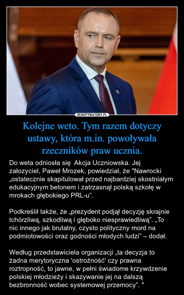 Kolejne weto. Tym razem dotyczy ustawy, która m.in. powoływała rzeczników praw ucznia.