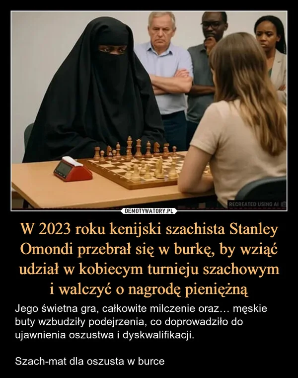 
    W 2023 roku kenijski szachista Stanley Omondi przebrał się w burkę, by wziąć udział w kobiecym turnieju szachowym i walczyć o nagrodę pieniężną