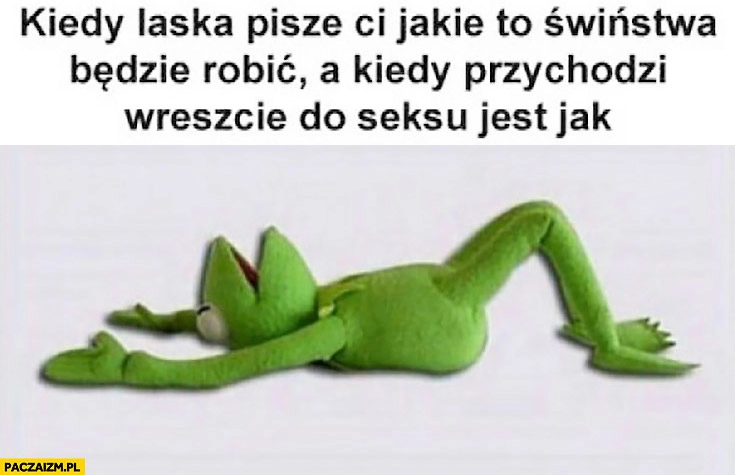 
    Kiedy laska pisze Ci jakie to świństwa będzie robić, a kiedy przychodzi wreszcie do rzeczy jest jak Kermit leży