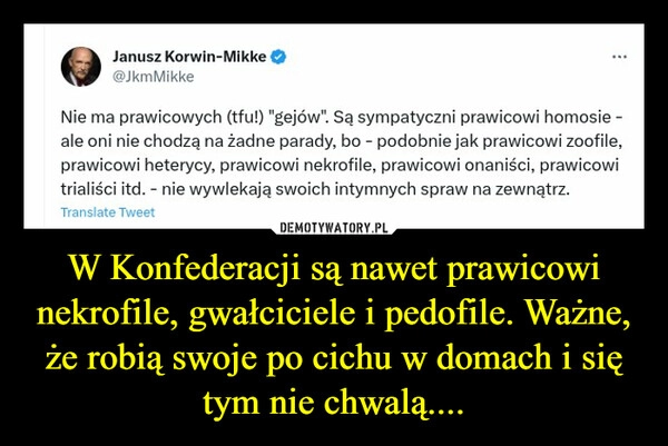 
    W Konfederacji są nawet prawicowi nekrofile, gwałciciele i pedofile. Ważne, że robią swoje po cichu w domach i się tym nie chwalą....