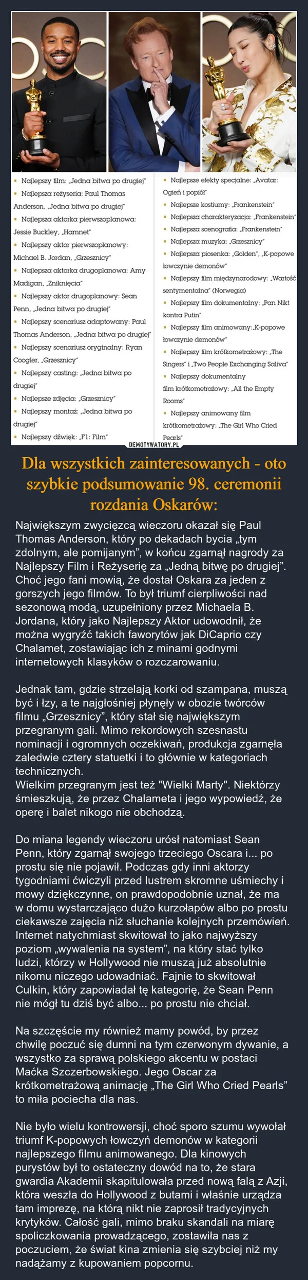 
    Dla wszystkich zainteresowanych - oto szybkie podsumowanie 98. ceremonii rozdania Oskarów: