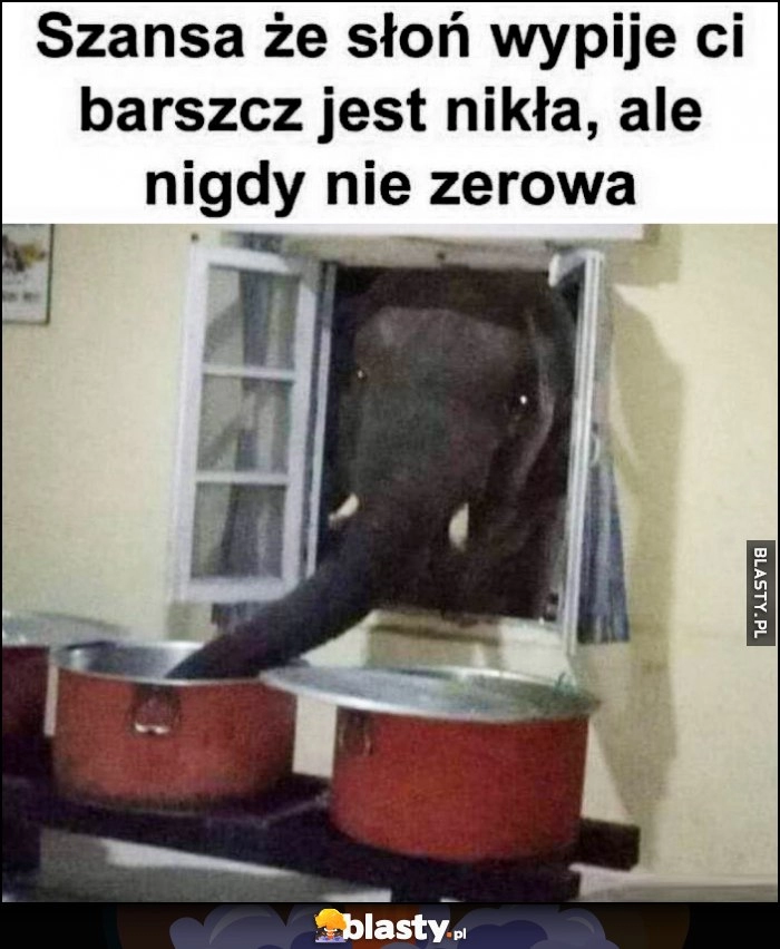 
    Szansa, że słoń wypije Ci barszcz jest nikła, ale nigdy nie zerowa