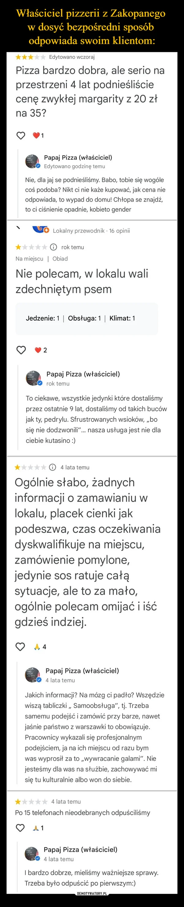 
    Właściciel pizzerii z Zakopanego w dosyć bezpośredni sposób odpowiada swoim klientom: