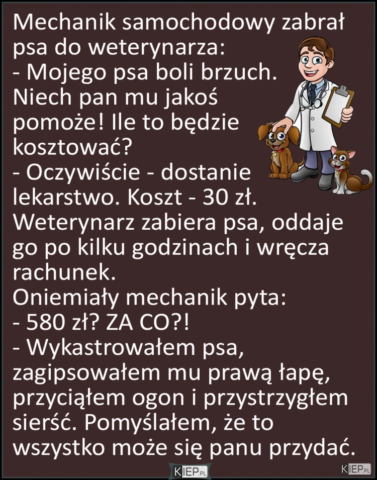 
    Mechanik samochodowy poszedł z psem do weterynarza