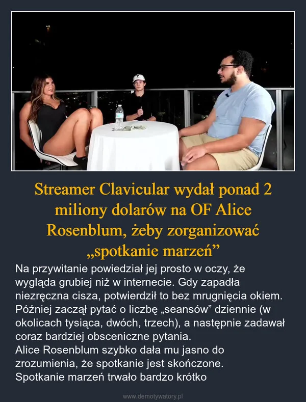 
    Streamer Clavicular wydał ponad 2 miliony dolarów na OF Alice Rosenblum, żeby zorganizować „spotkanie marzeń”