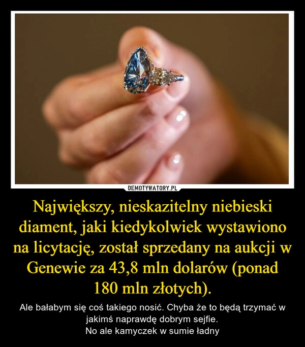 
    Największy, nieskazitelny niebieski diament, jaki kiedykolwiek wystawiono na licytację, został sprzedany na aukcji w Genewie za 43,8 mln dolarów (ponad 180 mln złotych).