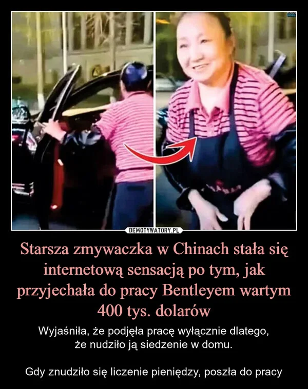 
    Starsza zmywaczka w Chinach stała się internetową sensacją po tym, jak przyjechała do pracy Bentleyem wartym 400 tys. dolarów