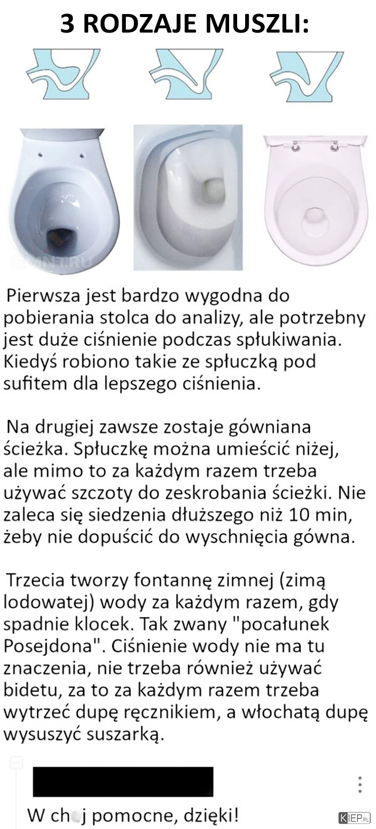 
    3 rodzaje muszli klozetowej 