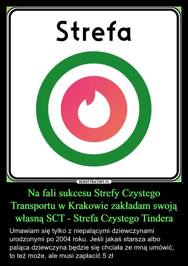 
    Na fali sukcesu Strefy Czystego Transportu w Krakowie zakładam swoją własną SCT - Strefa Czystego Tindera