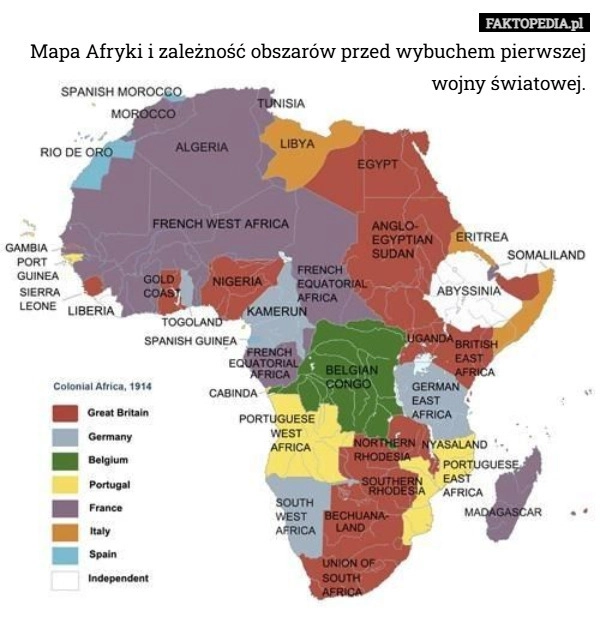 
    Mapa Afryki i zależność obszarów przed wybuchem pierwszej wojny światowej.