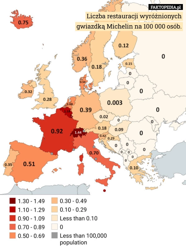 
    Liczba restauracji wyróżnionych
gwiazdką Michelin na 100 000 osób.