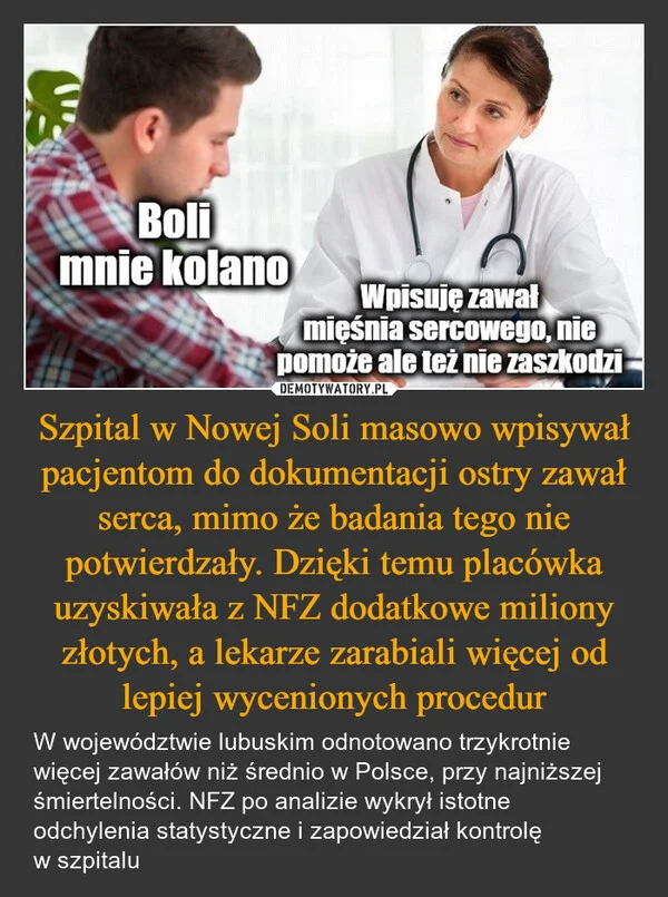 Szpital w Nowej Soli masowo wpisywał pacjentom do dokumentacji ostry zawał serca, mimo że badania tego nie potwierdzały. Dzięki temu placówka uzyskiwała z NFZ dodatkowe miliony złotych, a lekarze zarabiali więcej od lepiej wycenionych procedur