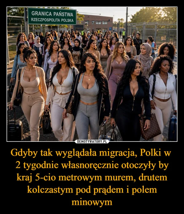 
    Gdyby tak wyglądała migracja, Polki w 2 tygodnie własnoręcznie otoczyły by kraj 5-cio metrowym murem, drutem kolczastym pod prądem i polem minowym