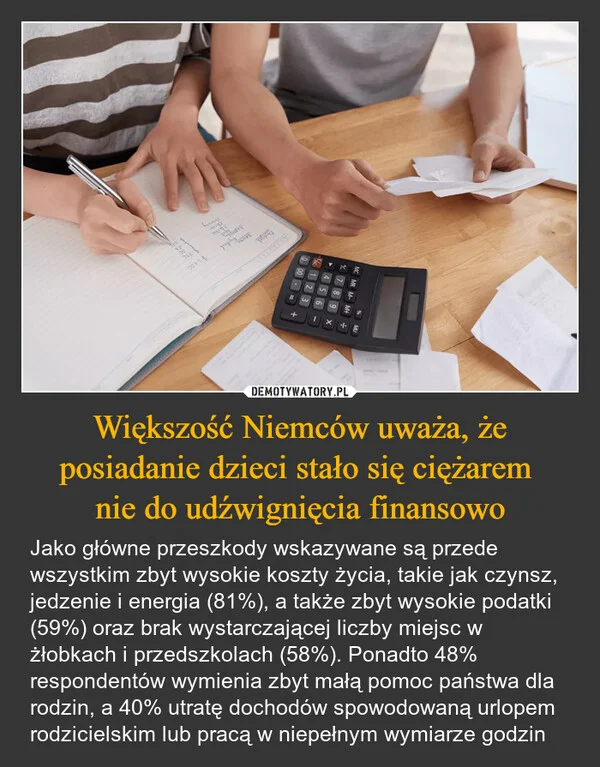 
    Większość Niemców uważa, że posiadanie dzieci stało się ciężarem nie do udźwignięcia finansowo