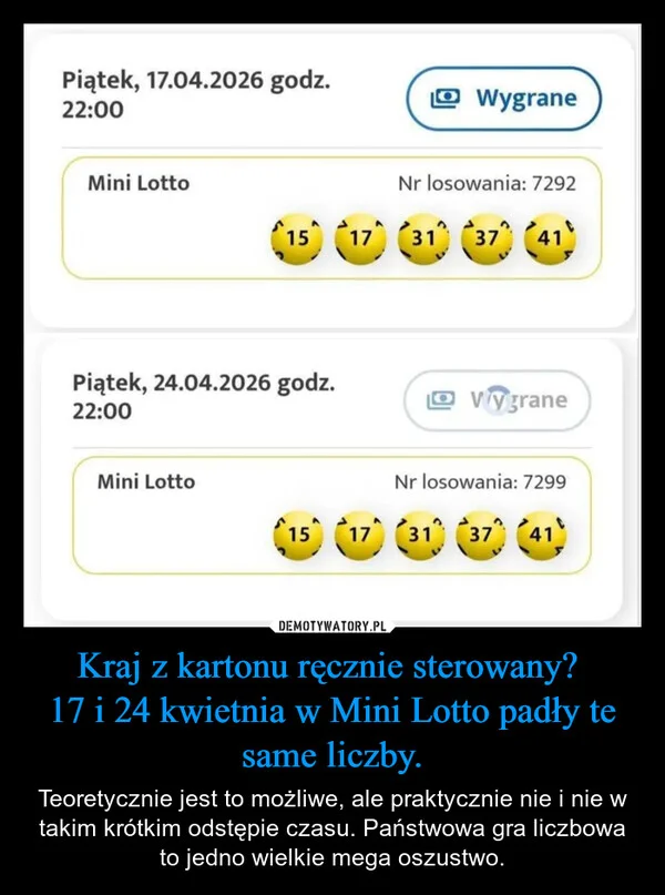 
    Kraj z kartonu ręcznie sterowany? 17 i 24 kwietnia w Mini Lotto padły te same liczby.