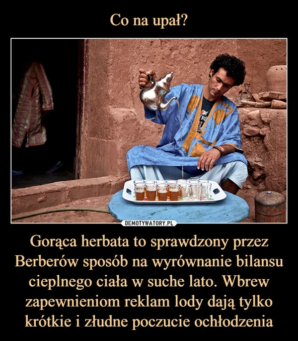 
    Co na upał? Gorąca herbata to sprawdzony przez Berberów sposób na wyrównanie bilansu cieplnego ciała w suche lato. Wbrew zapewnieniom reklam lody dają tylko krótkie i złudne poczucie ochłodzenia