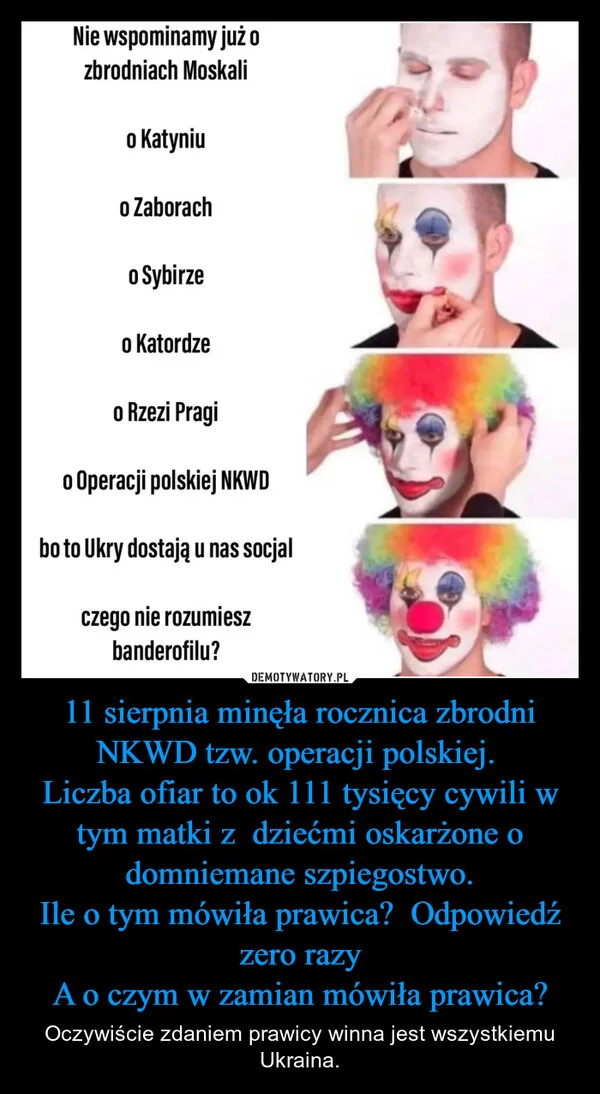 
    11 sierpnia minęła rocznica zbrodni NKWD tzw. operacji polskiej. Liczba ofiar to ok 111 tysięcy cywili w tym matki z dziećmi oskarżone o domniemane szpiegostwo. Ile o tym mówiła prawica? Odpowiedź zero razy A o czym w zamian mówiła prawica?