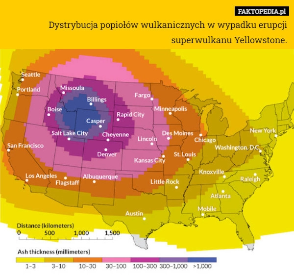 
    Dystrybucja popiołów wulkanicznych w wypadku erupcji superwulkanu Yellowstone.