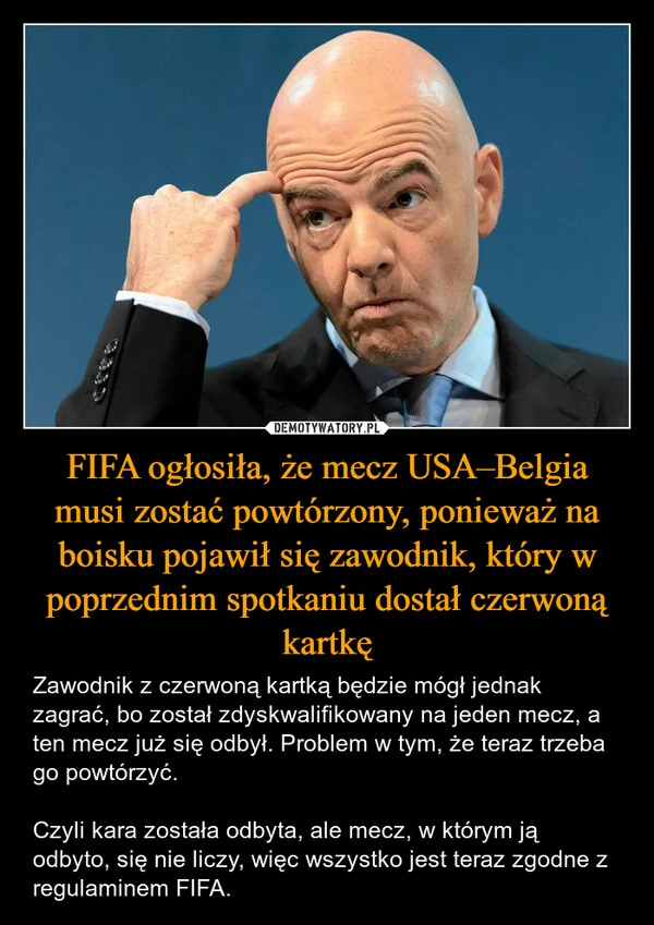 FIFA ogłosiła, że mecz USA–Belgia musi zostać powtórzony, ponieważ na boisku pojawił się zawodnik, który w poprzednim spotkaniu dostał czerwoną kartkę