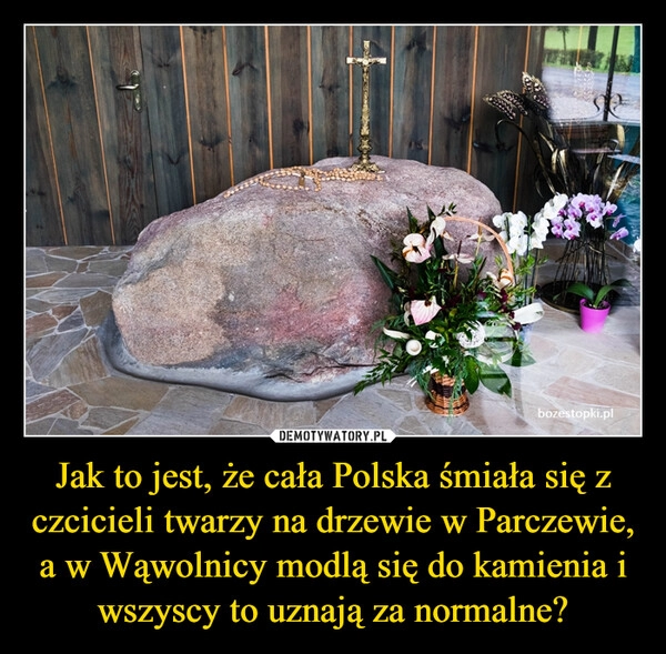 
    Jak to jest, że cała Polska śmiała się z czcicieli twarzy na drzewie w Parczewie, a w Wąwolnicy modlą się do kamienia i wszyscy to uznają za normalne?