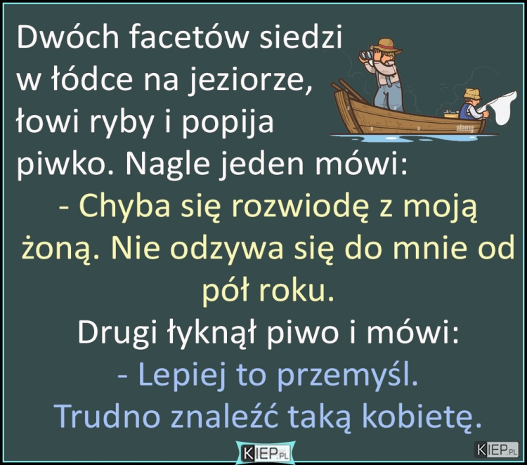 
    Dwóch facetów siedzi  w łódce na jeziorze,  łowi ryby i...