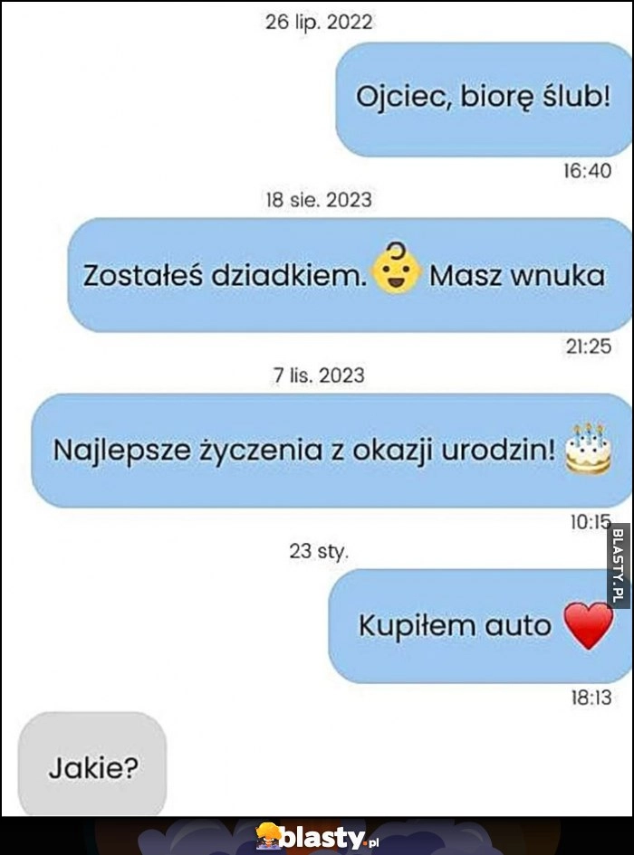 
    SMSy do ojca: biorę ślub, masz wnuka, najlepsze życzenia z okazji urodzin, kupiłem auto, jakie?