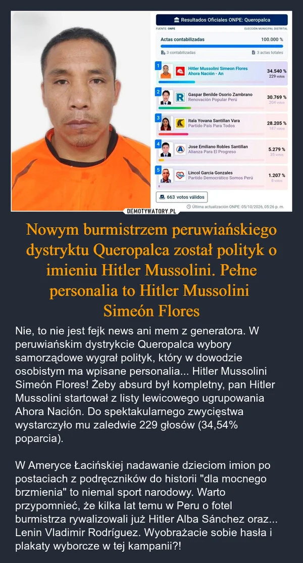 
    Nowym burmistrzem peruwiańskiego dystryktu Queropalca został polityk o imieniu Hitler Mussolini. Pełne personalia to Hitler Mussolini Simeón Flores