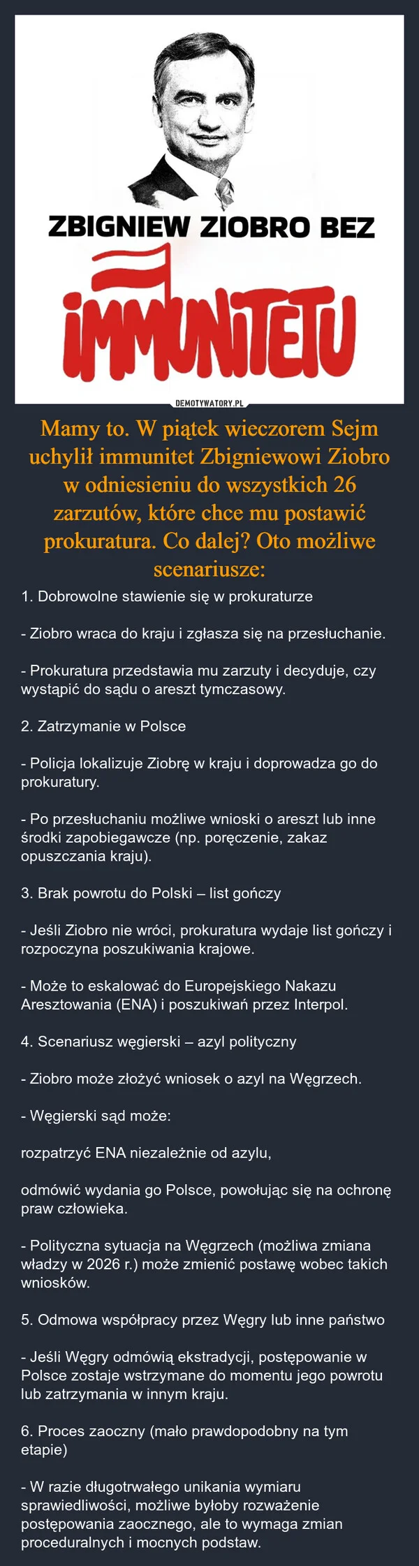
    Mamy to. W piątek wieczorem Sejm uchylił immunitet Zbigniewowi Ziobro w odniesieniu do wszystkich 26 zarzutów, które chce mu postawić prokuratura. Co dalej? Oto możliwe scenariusze: