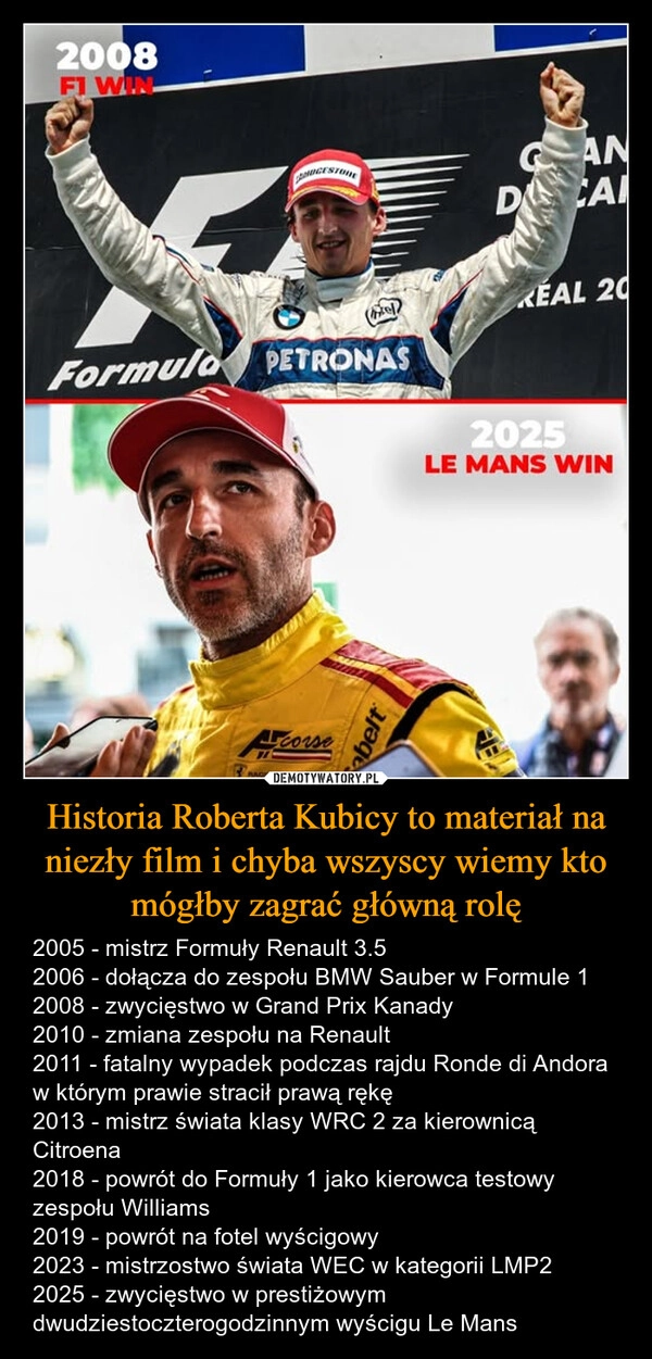 
    Historia Roberta Kubicy to materiał na niezły film i chyba wszyscy wiemy kto mógłby zagrać główną rolę