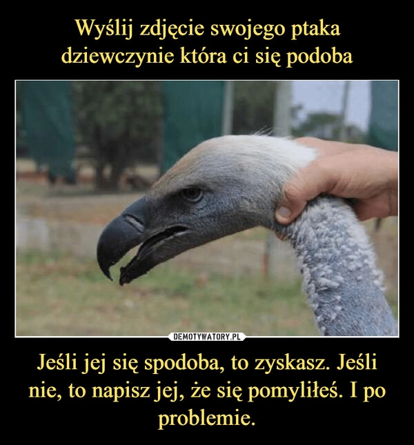 
    Wyślij zdjęcie swojego ptaka dziewczynie która ci się podoba Jeśli jej się spodoba, to zyskasz. Jeśli nie, to napisz jej, że się pomyliłeś. I po problemie.