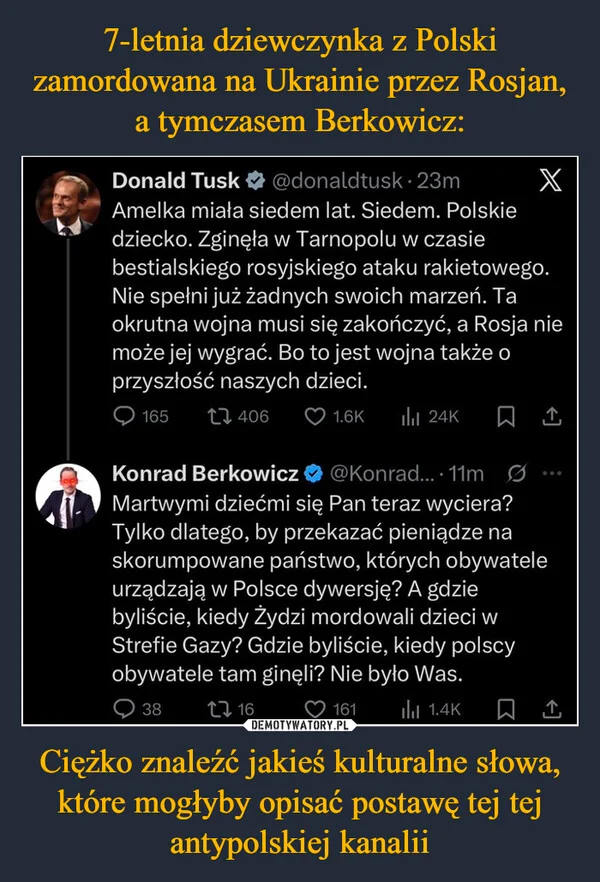 
    7-letnia dziewczynka z Polski zamordowana na Ukrainie przez Rosjan, a tymczasem Berkowicz: Ciężko znaleźć jakieś kulturalne słowa, które mogłyby opisać postawę tej tej antypolskiej kanalii