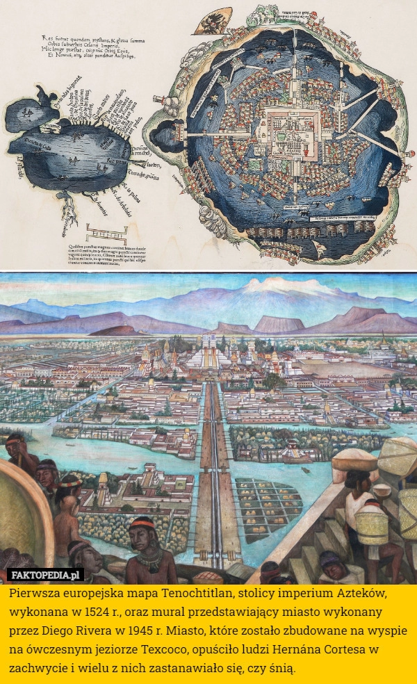 
    Pierwsza europejska mapa Tenochtitlan, stolicy imperium Azteków, wykonana