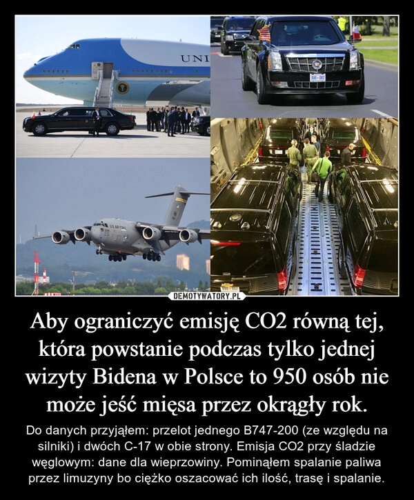 
    Aby ograniczyć emisję CO2 równą tej, która powstanie podczas tylko jednej wizyty Bidena w Polsce to 950 osób nie może jeść mięsa przez okrągły rok.