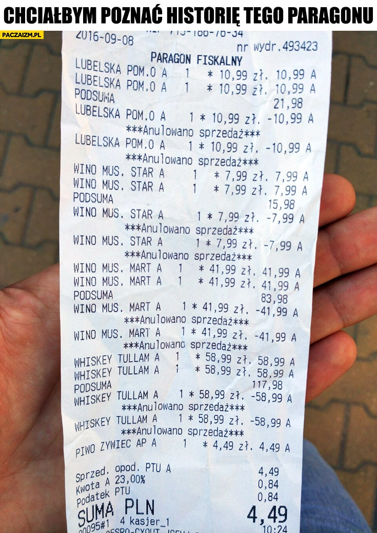 
    Chciałbym poznać historię tego paragonu wódka wino whiskey piwo anulowano sprzedaż