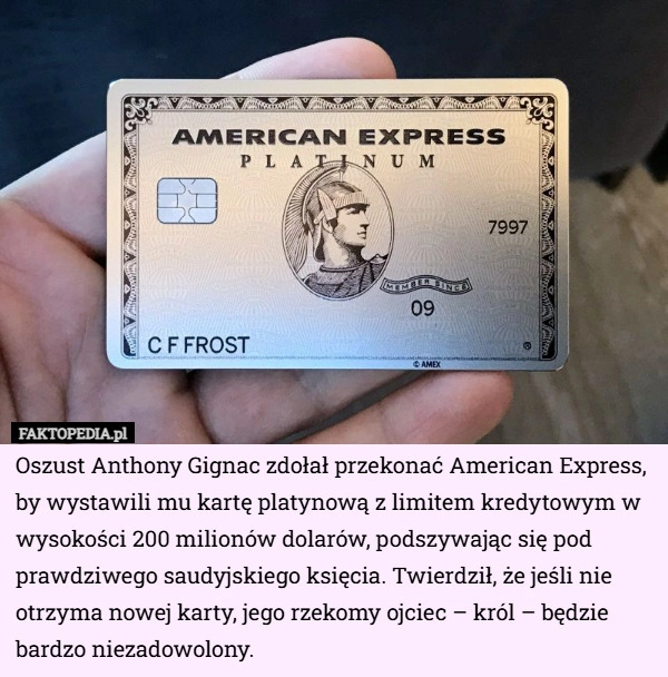 
    Oszust Anthony Gignac zdołał przekonać American Express, by wystawili mu...