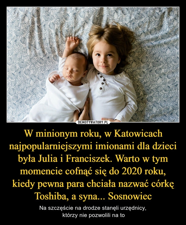 
    W minionym roku, w Katowicach najpopularniejszymi imionami dla dzieci była Julia i Franciszek. Warto w tym momencie cofnąć się do 2020 roku, kiedy pewna para chciała nazwać córkę Toshiba, a syna... Sosnowiec 