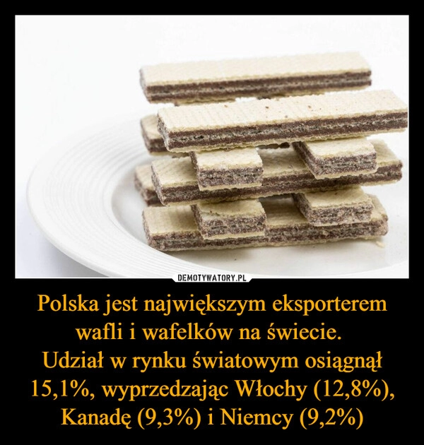 
    Polska jest największym eksporterem wafli i wafelków na świecie. 
Udział w rynku światowym osiągnął 15,1%, wyprzedzając Włochy (12,8%), Kanadę (9,3%) i Niemcy (9,2%)