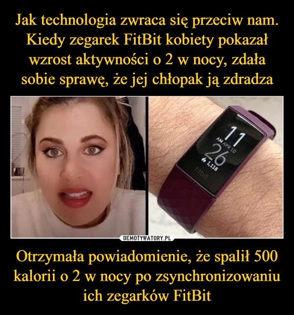 
    Jak technologia zwraca się przeciw nam. Kiedy zegarek FitBit kobiety pokazał wzrost aktywności o 2 w nocy, zdała sobie sprawę, że jej chłopak ją zdradza Otrzymała powiadomienie, że spalił 500 kalorii o 2 w nocy po zsynchronizowaniu ich zegarków FitBit 