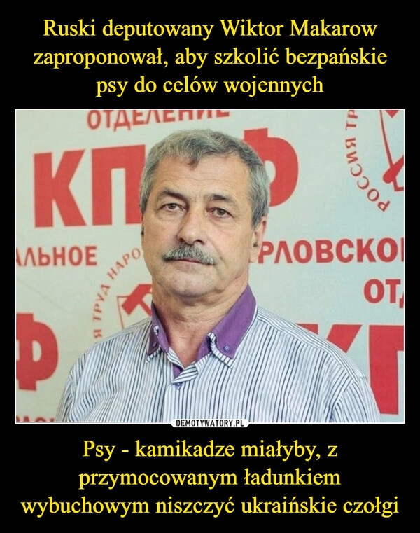 
    
Ruski deputowany Wiktor Makarow zaproponował, aby szkolić bezpańskie psy do celów wojennych Psy - kamikadze miałyby, z przymocowanym ładunkiem wybuchowym niszczyć ukraińskie czołgi 