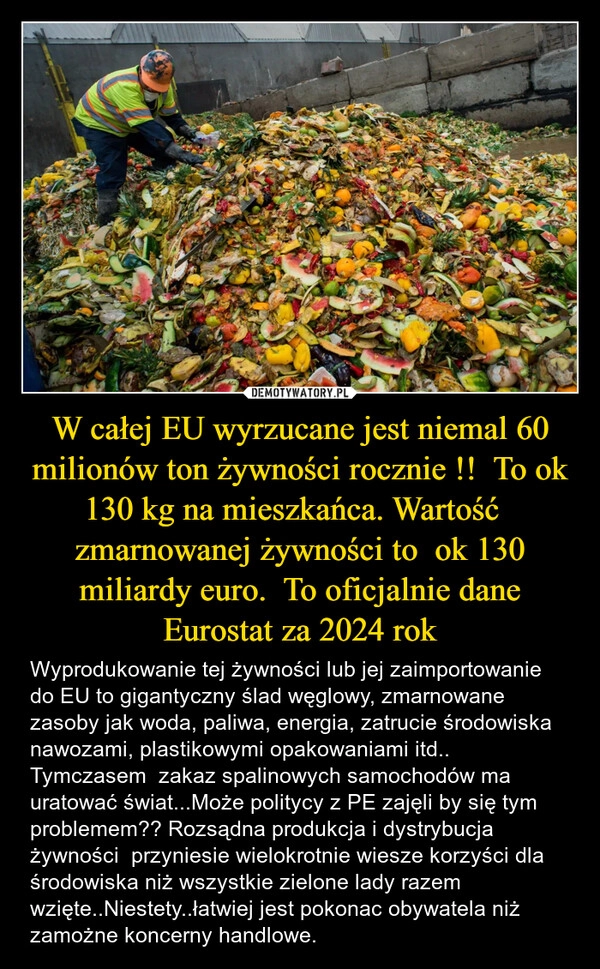 
    W całej EU wyrzucane jest niemal 60 milionów ton żywności rocznie !!  To ok 130 kg na mieszkańca. Wartość   zmarnowanej żywności to  ok 130 miliardy euro.  To oficjalnie dane Eurostat za 2024 rok